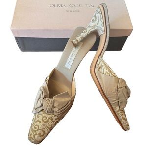 Olivia Rose Tal Silk taffeta bow mules brocade sz 9 women’s gold & Champagne